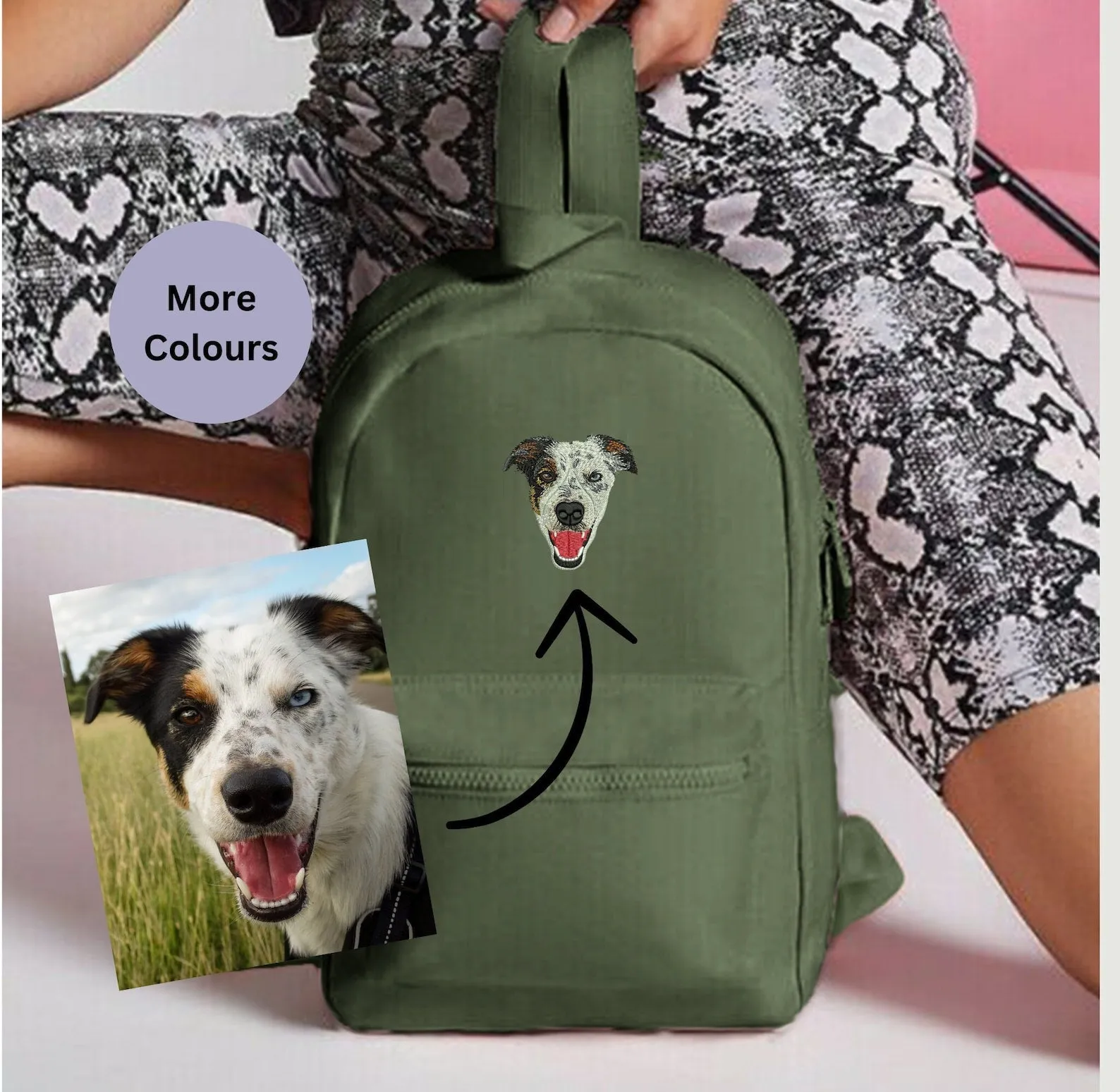 Add you pet customised embroidered mini essential rucksack. Embroidered pet backpack. Custom pet gift ideas. Gift for Dog walkers.
