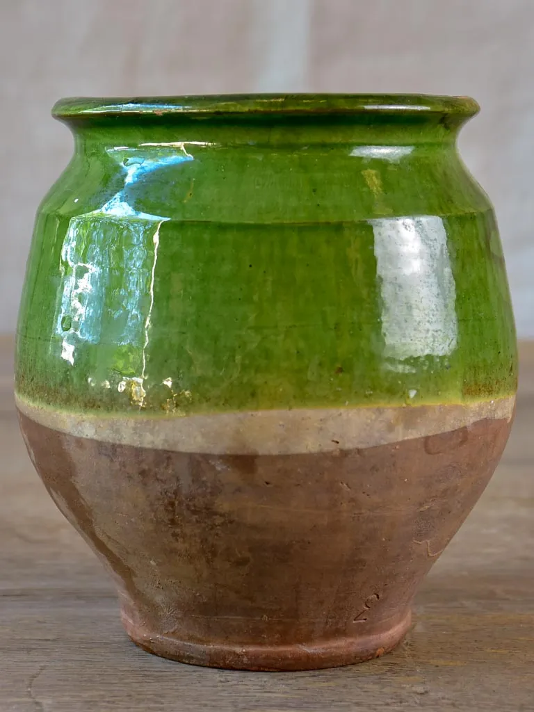 Antique French confit pot with green glaze 6¼"