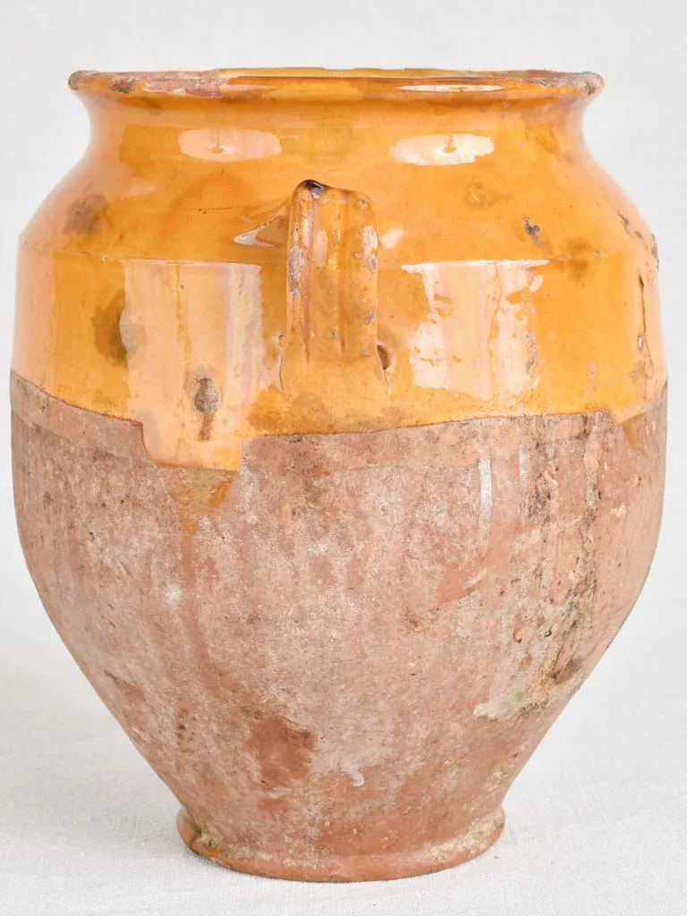 Antique French confit pot with yellow / orange glaze 11"