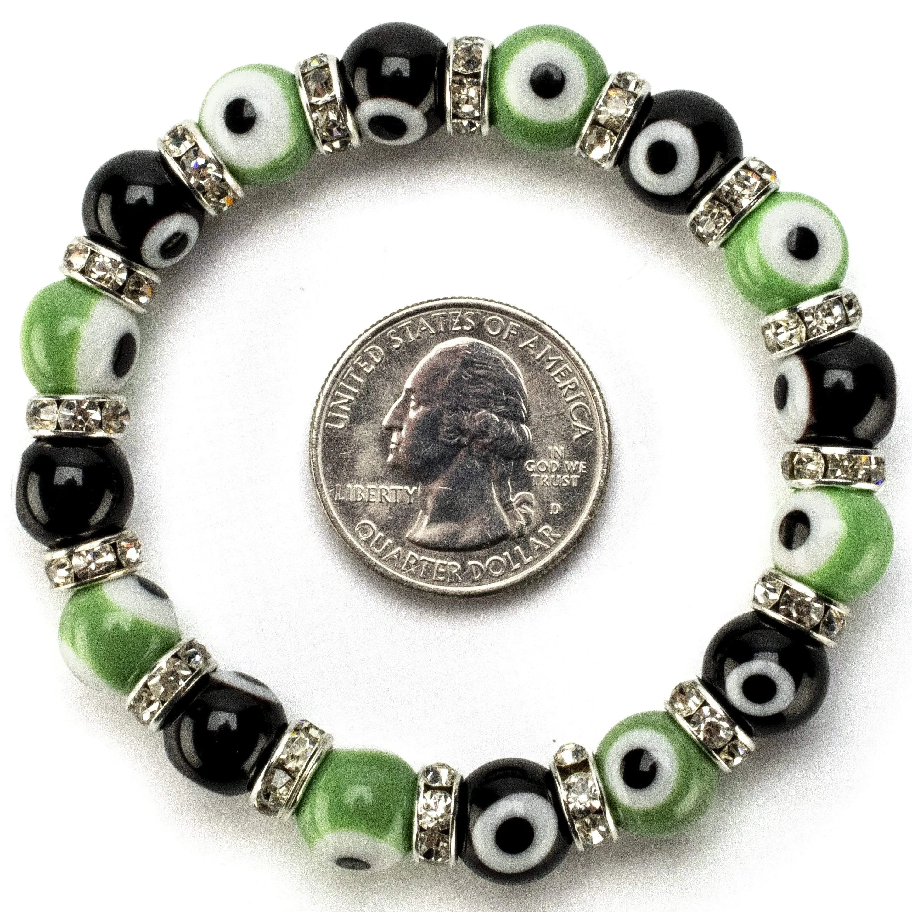 Black and Green Evil Eye Glass Bracelet with Cubic Zirconia Crystals