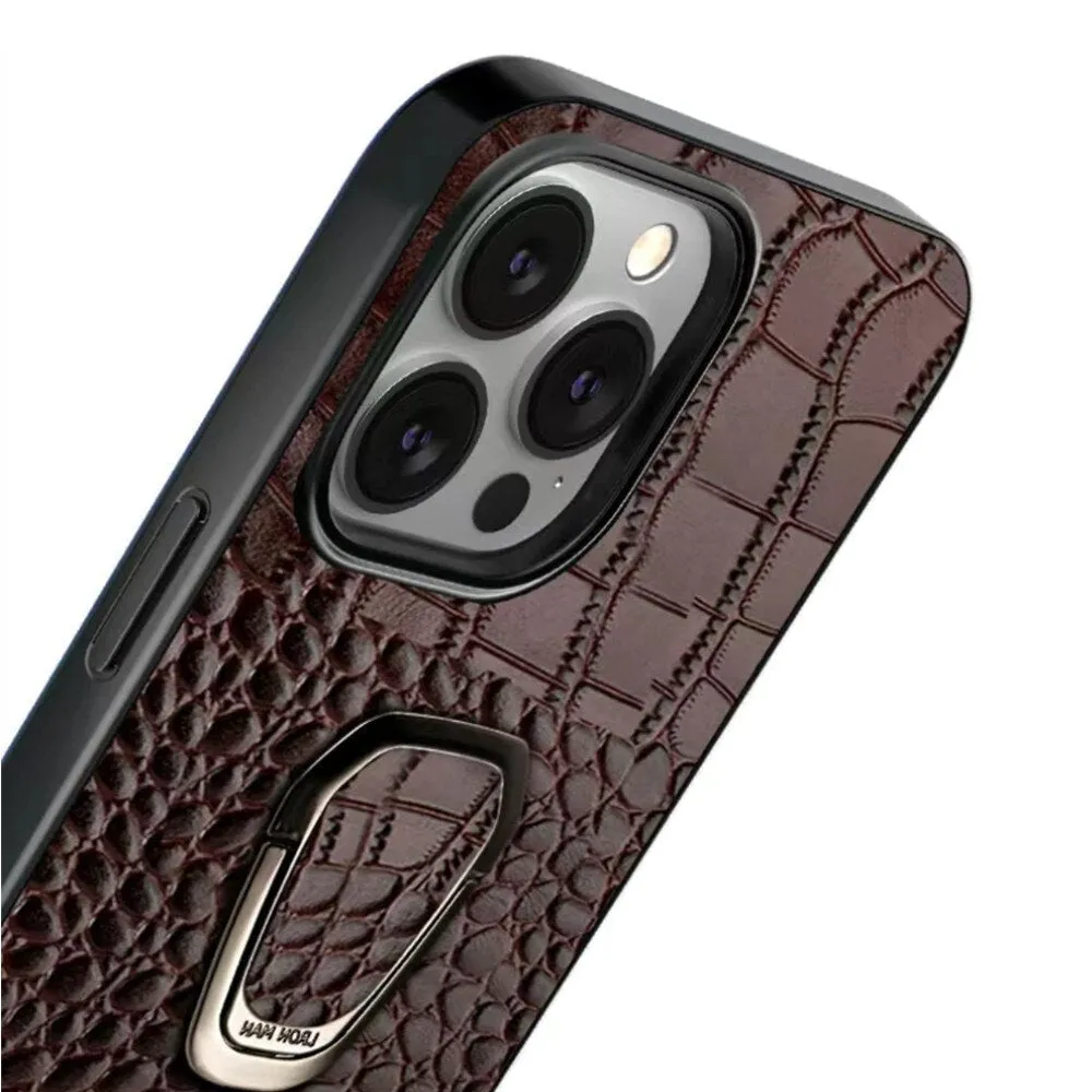 Cowhide Leather Phone Case With Classic Crocodile Metal Ring Holder For iPhone