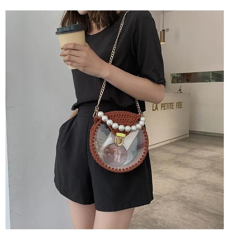 Cute Round Red(Flap) Crochet Crossbody Purse PMMA Crochet Shoulder Round Handbag for Girl Circle Crochet Crossbody Purses