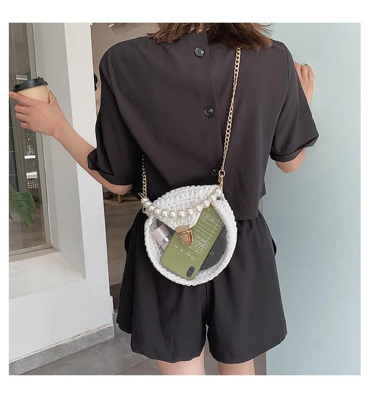 Cute Round Red(Flap) Crochet Crossbody Purse PMMA Crochet Shoulder Round Handbag for Girl Circle Crochet Crossbody Purses
