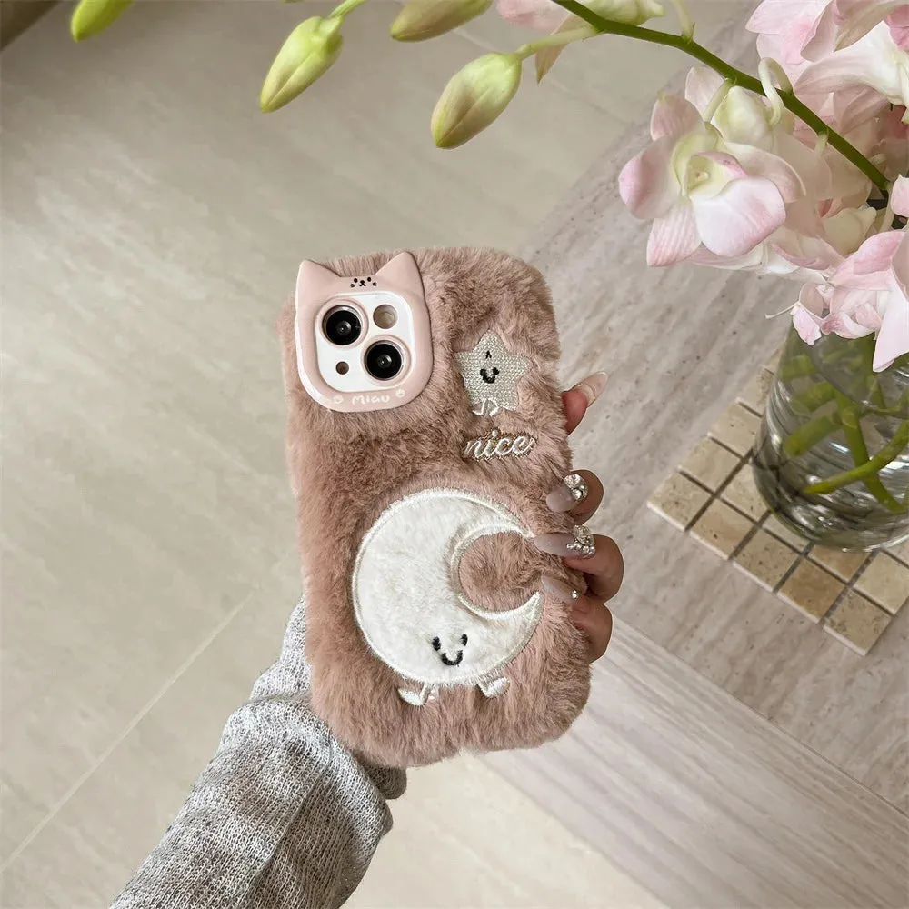 Cute Soft Furry Fluffy Plush Star Moon Phone Case Cover for iPhone