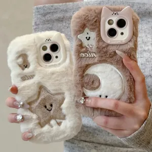 Cute Soft Furry Fluffy Plush Star Moon Phone Case Cover for iPhone