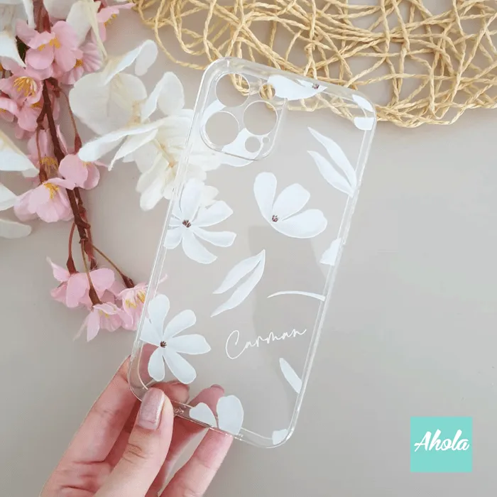【Fally】Soft TPU transparent phone case 白色花朵名字透明電話軟殼
