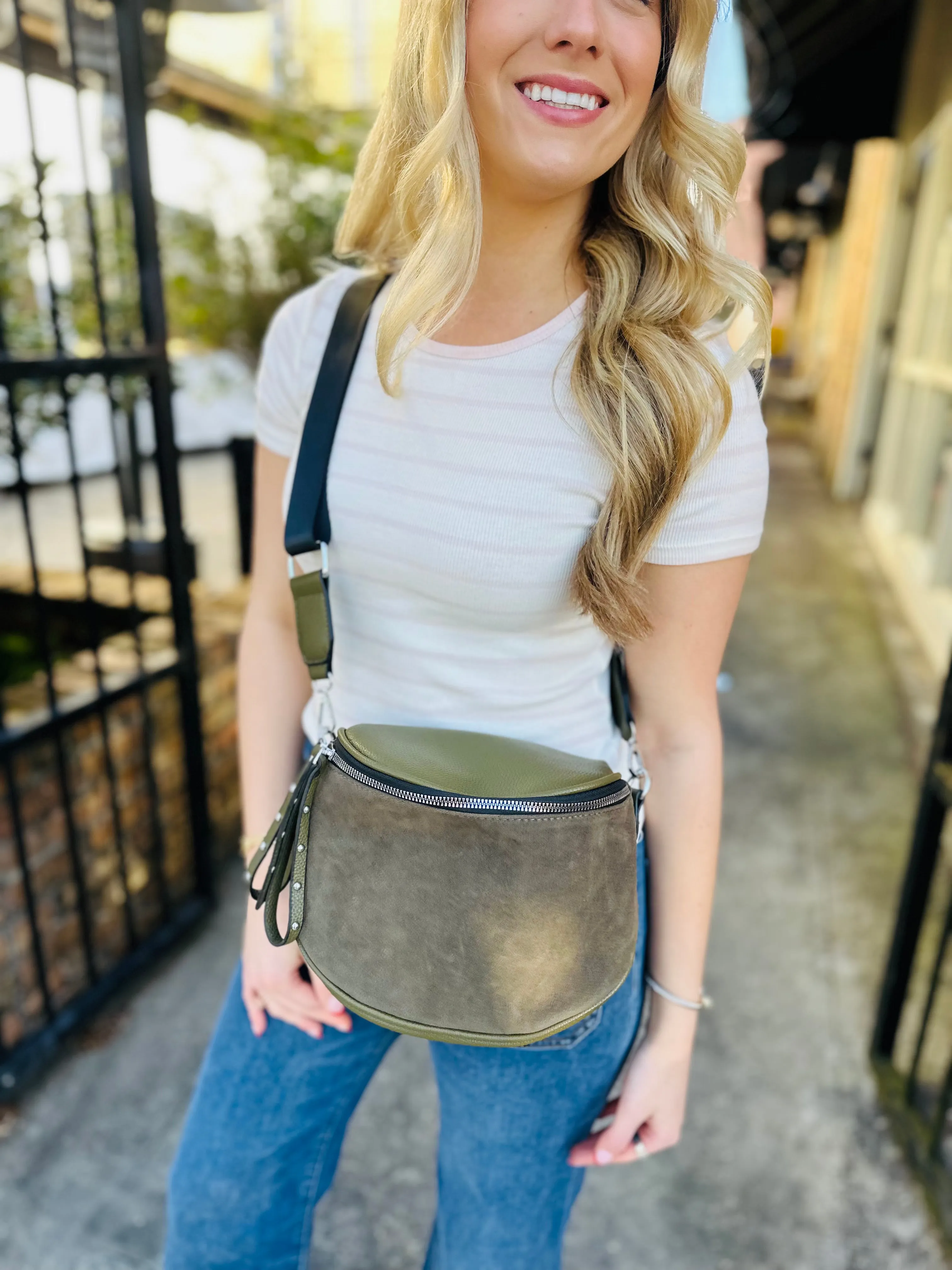 George Suede Crossbody Bag-Olive