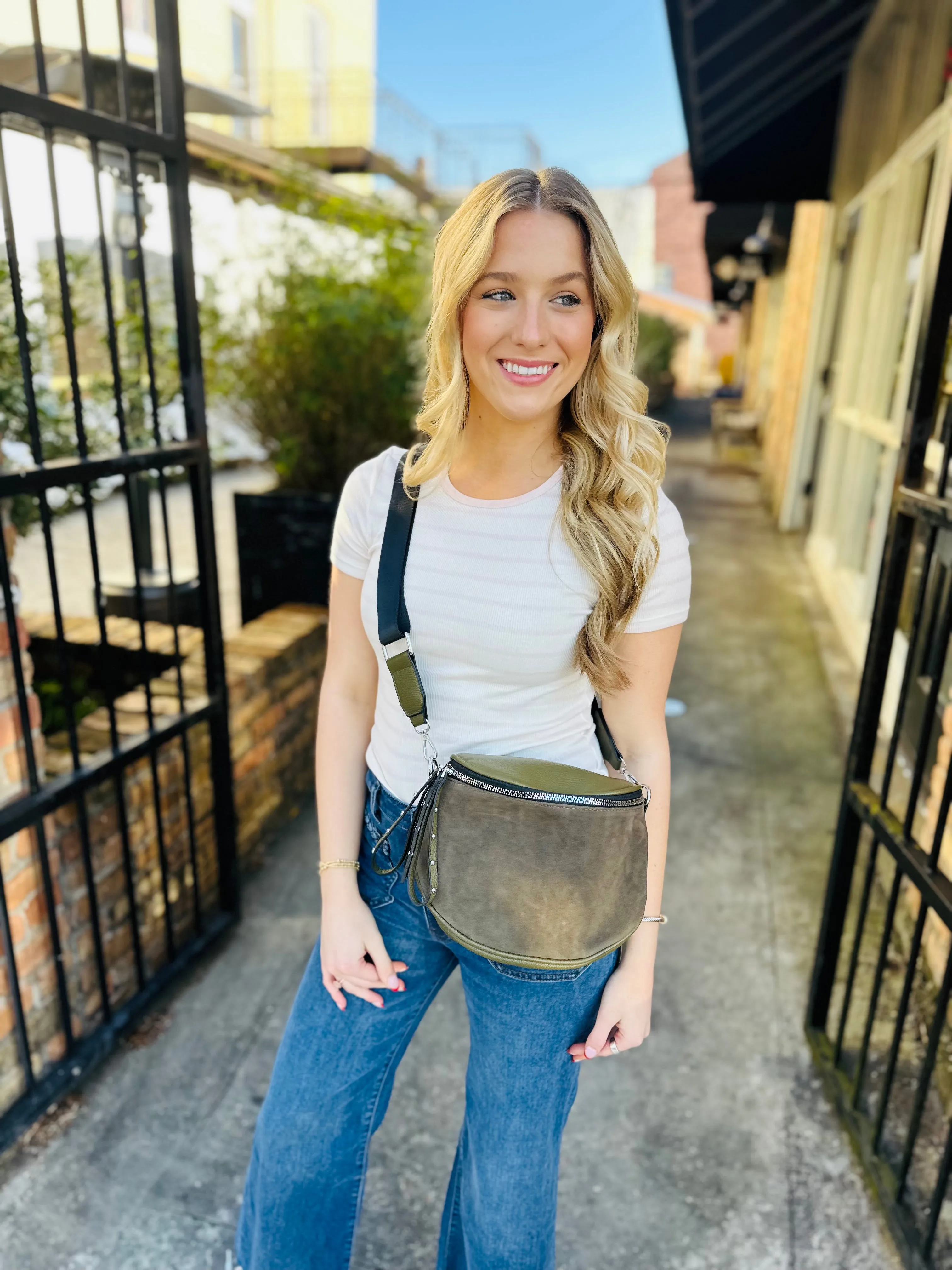 George Suede Crossbody Bag-Olive