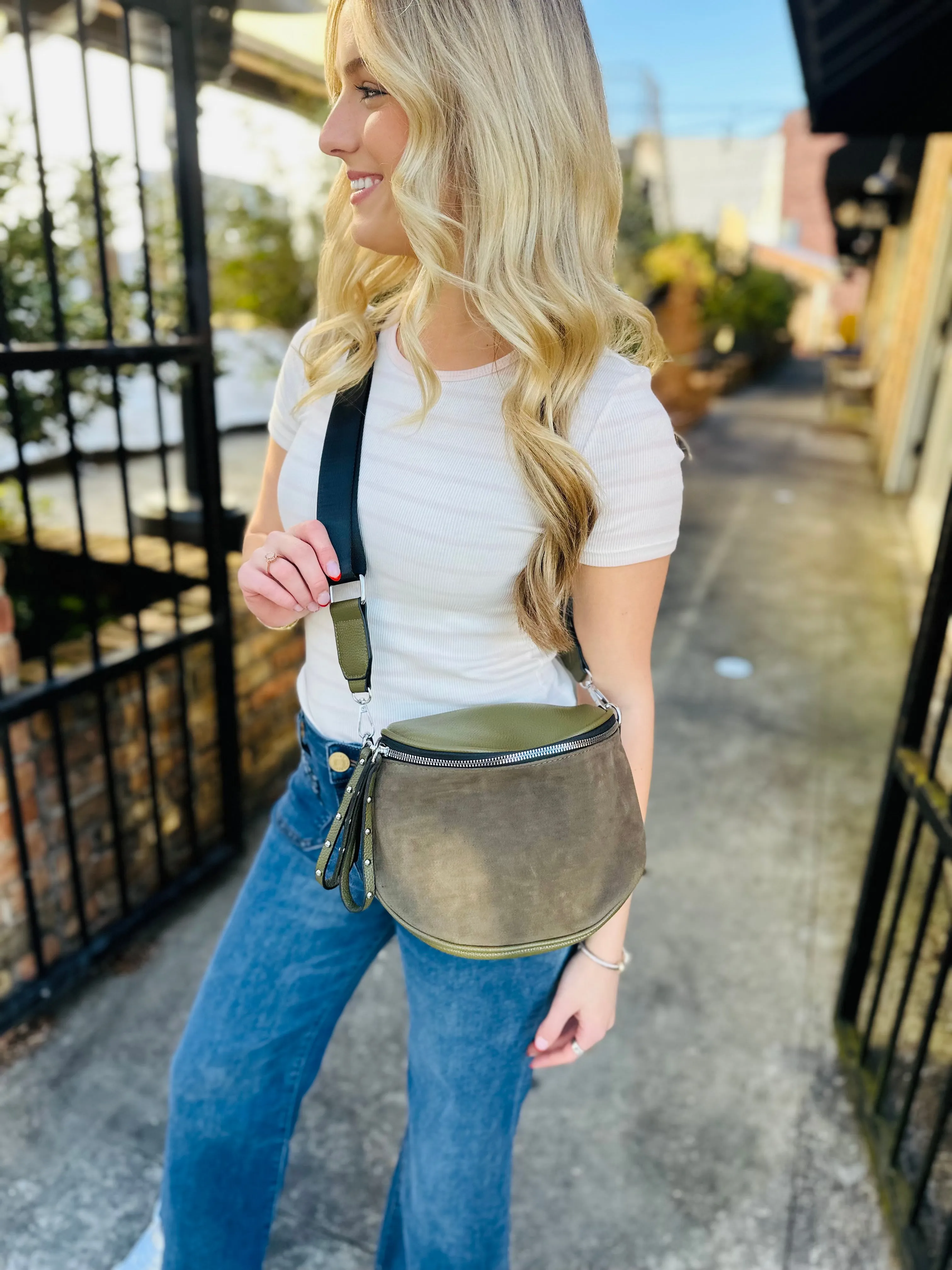 George Suede Crossbody Bag-Olive
