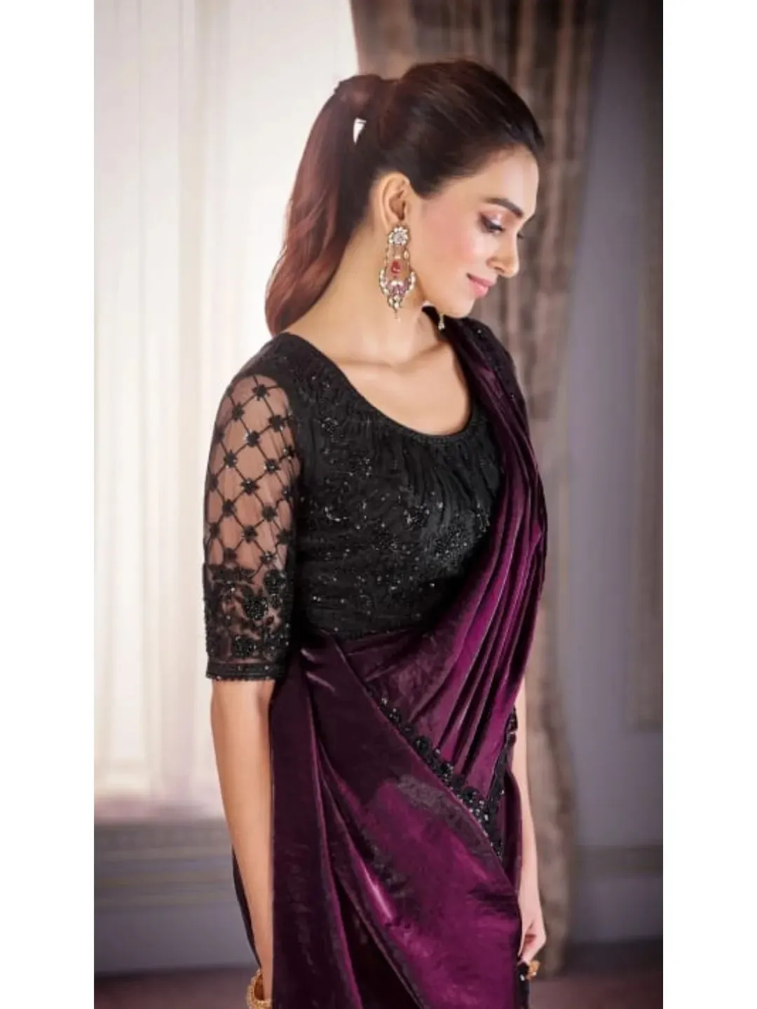 Gorgeous Wine Satin Organza Embroidered Saree
