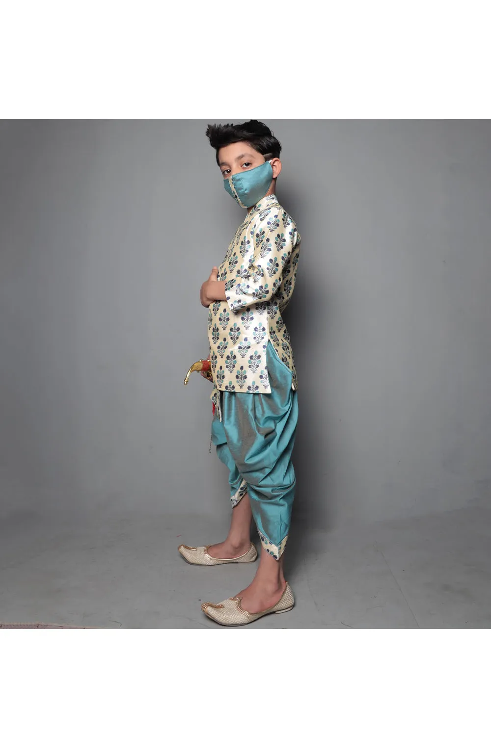 Grey floral printed asymmetric sherwani and dhoti with mask