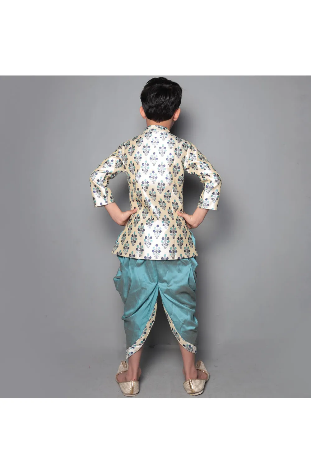 Grey floral printed asymmetric sherwani and dhoti with mask