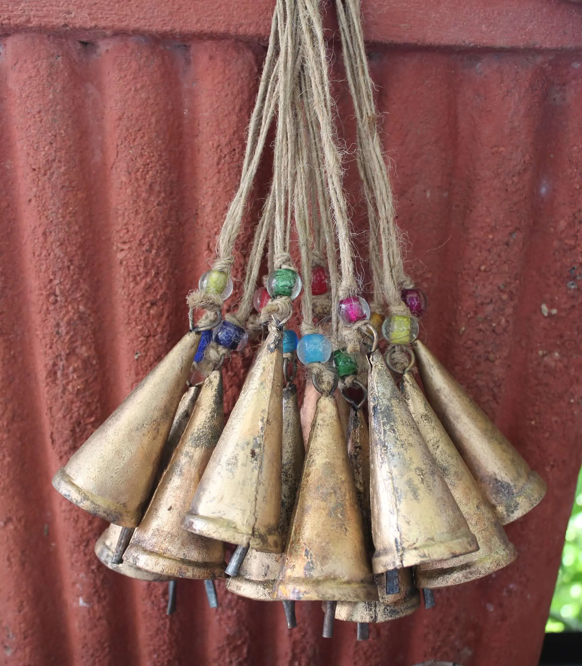 Handmade Rustic Iron Tin Bells with Jute String and Glass Beads Set of 24 Bells