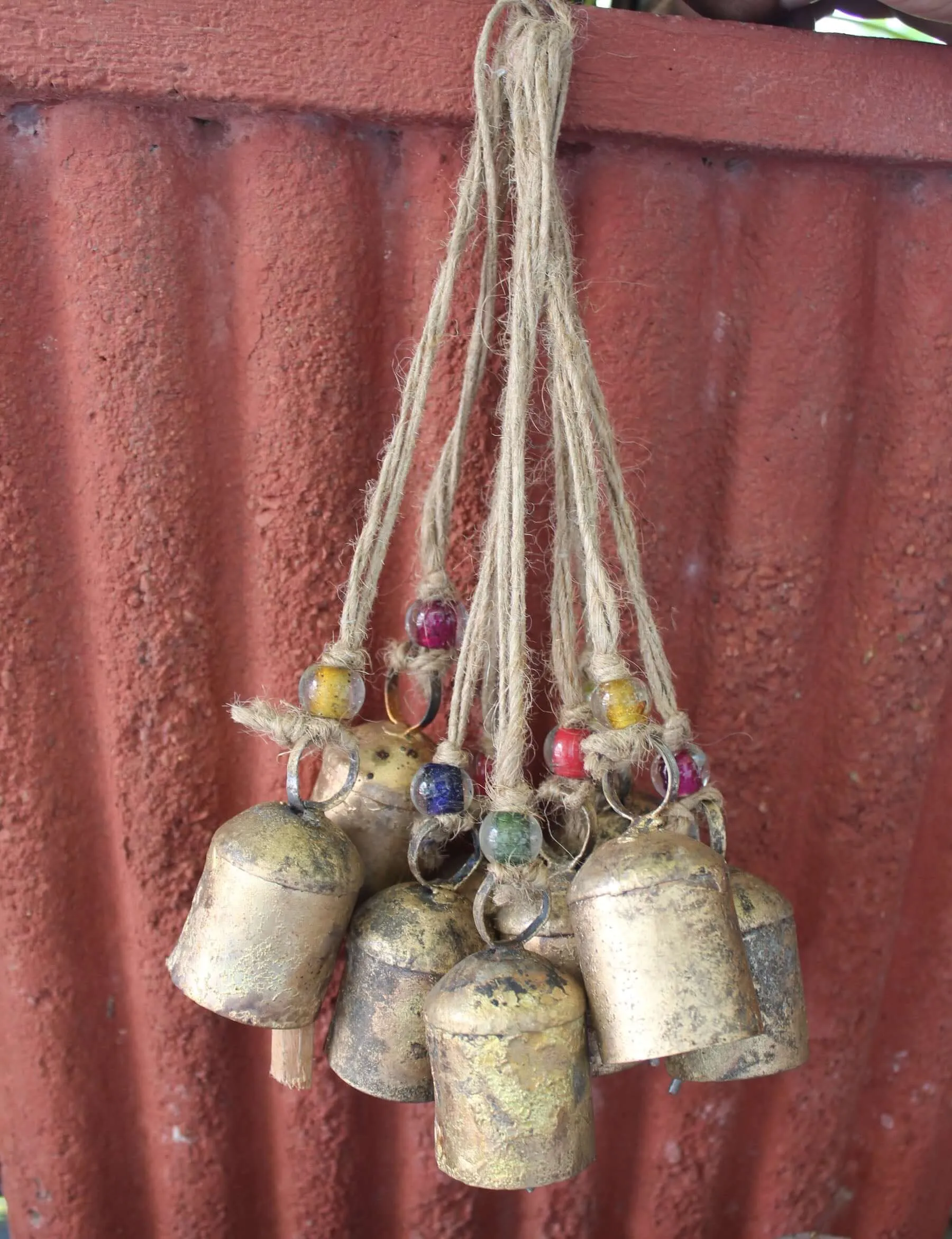 Handmade Rustic Iron Tin Bells with Jute String and Glass Beads Set of 24 Bells