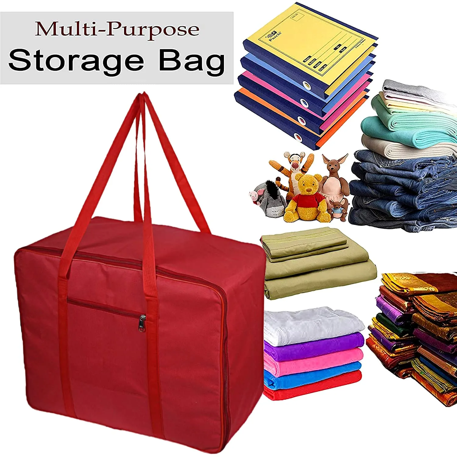 Heart Home Large Lightweight Foldable Multipurpose Storage bag, Cloth Organiser, Travel Bag With Zippered Closure And Handle- Pack of 2 (Red)-HS43HEARTH26678