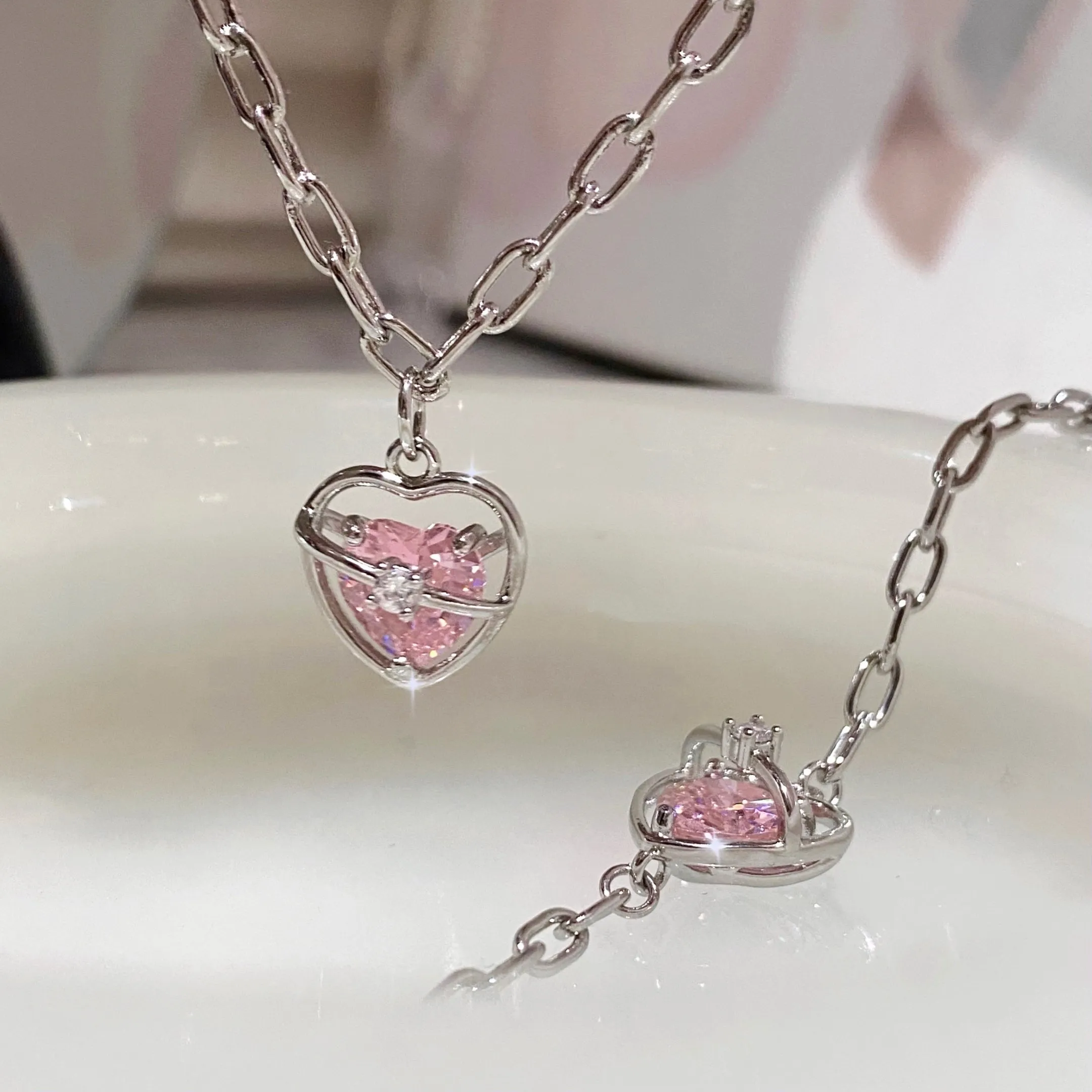 Heart Pink Galaxy Pendant Necklace Chains