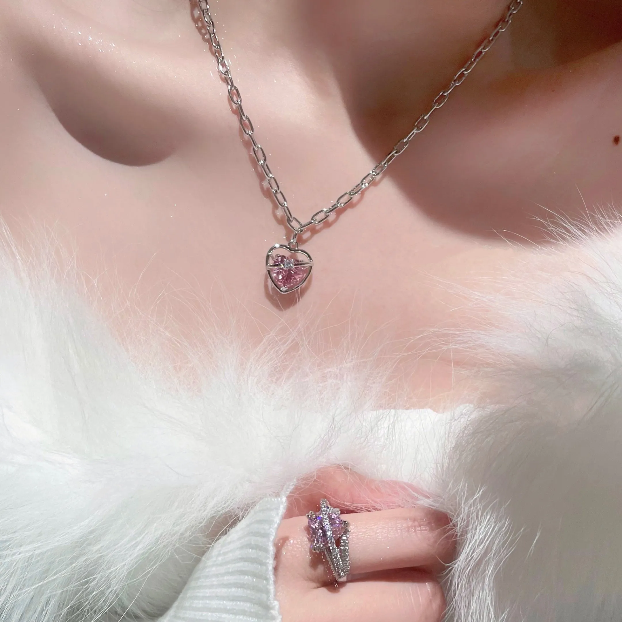 Heart Pink Galaxy Pendant Necklace Chains