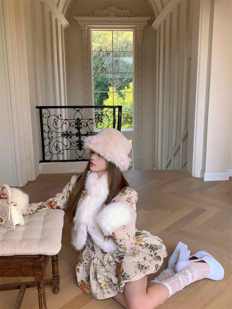 Monet Winter Royal Gold Rose Floral Print Khaki Brown Fur Jacket & Strap Dress Two Piece Set