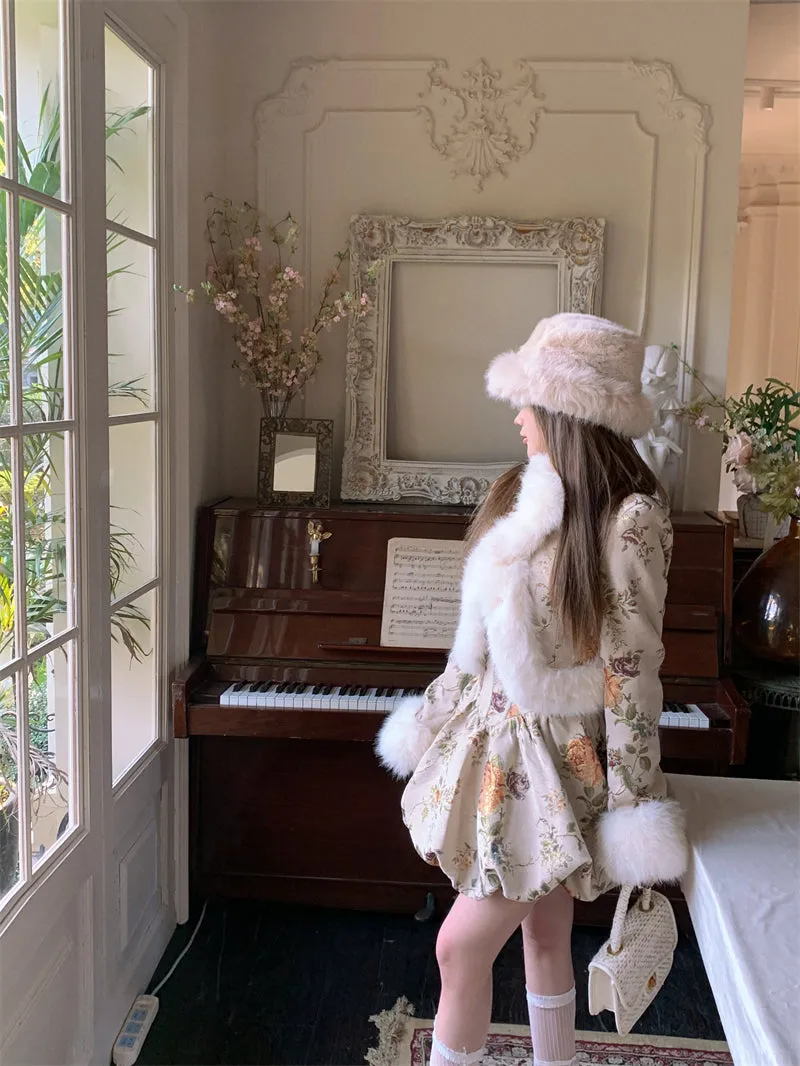 Monet Winter Royal Gold Rose Floral Print Khaki Brown Fur Jacket & Strap Dress Two Piece Set