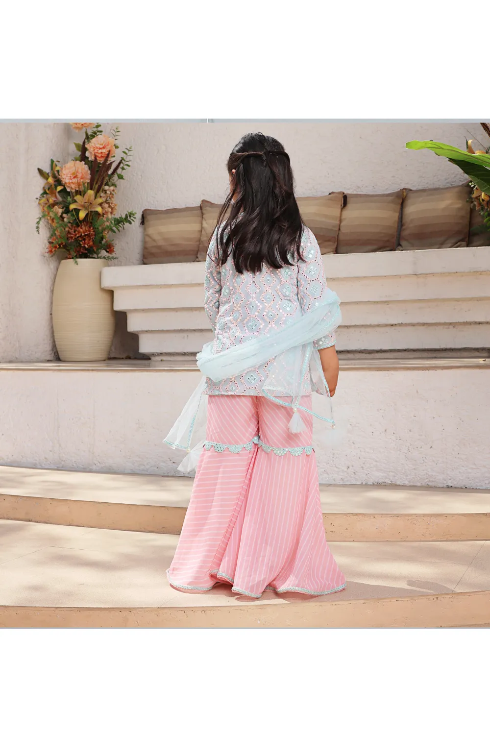 Pastel Mirror Embroidered Kurti with Leheriya Sharara Set