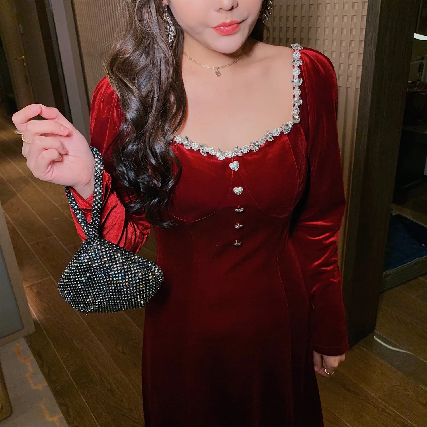 Plus Size Vintage Glow Elegant Festive Winter Christmas Red & Black Velvet Dress