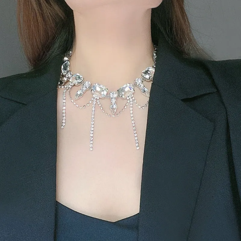 Tassel Diamond Silver Collarbone Luxury Gemstone Necklace