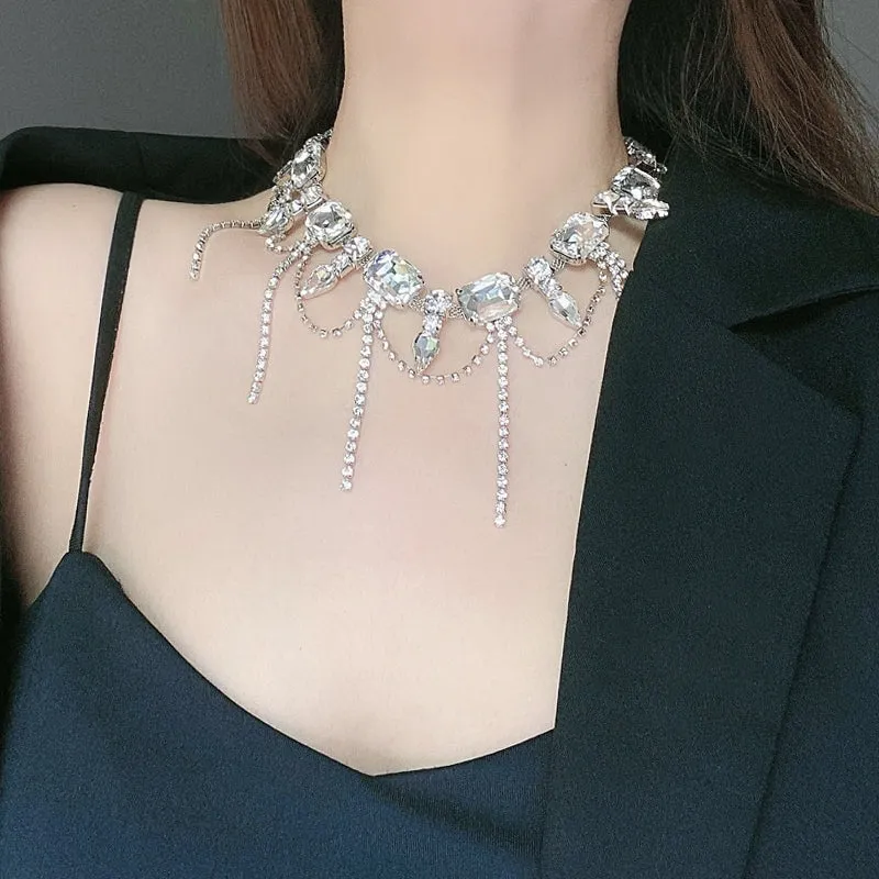 Tassel Diamond Silver Collarbone Luxury Gemstone Necklace
