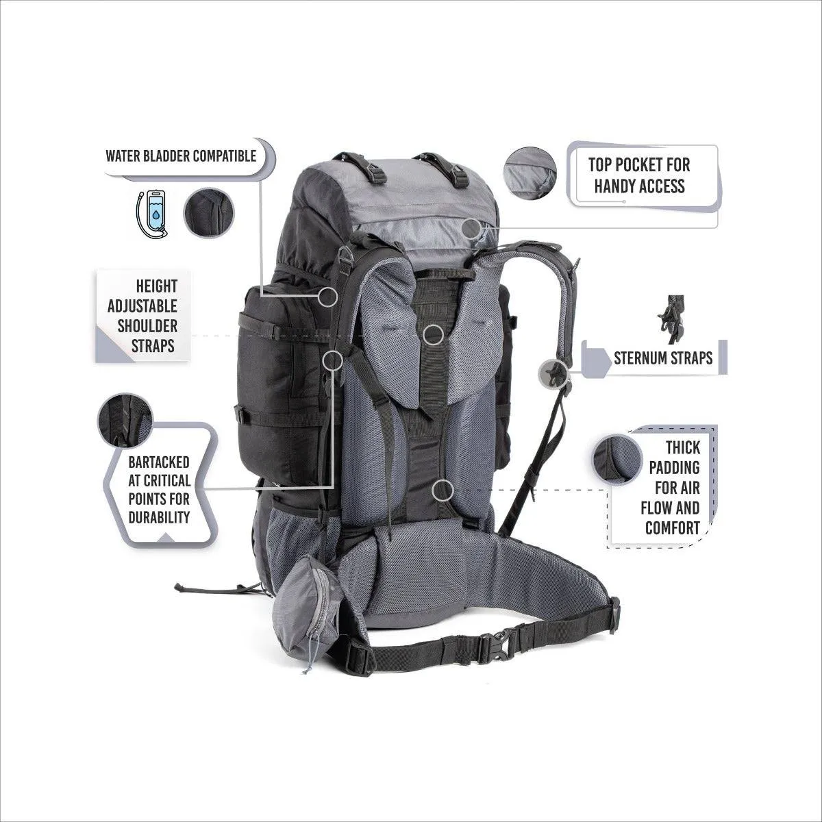 Walker Trekking and Backpacking Rucksack - 65 Litre - Black & Grey