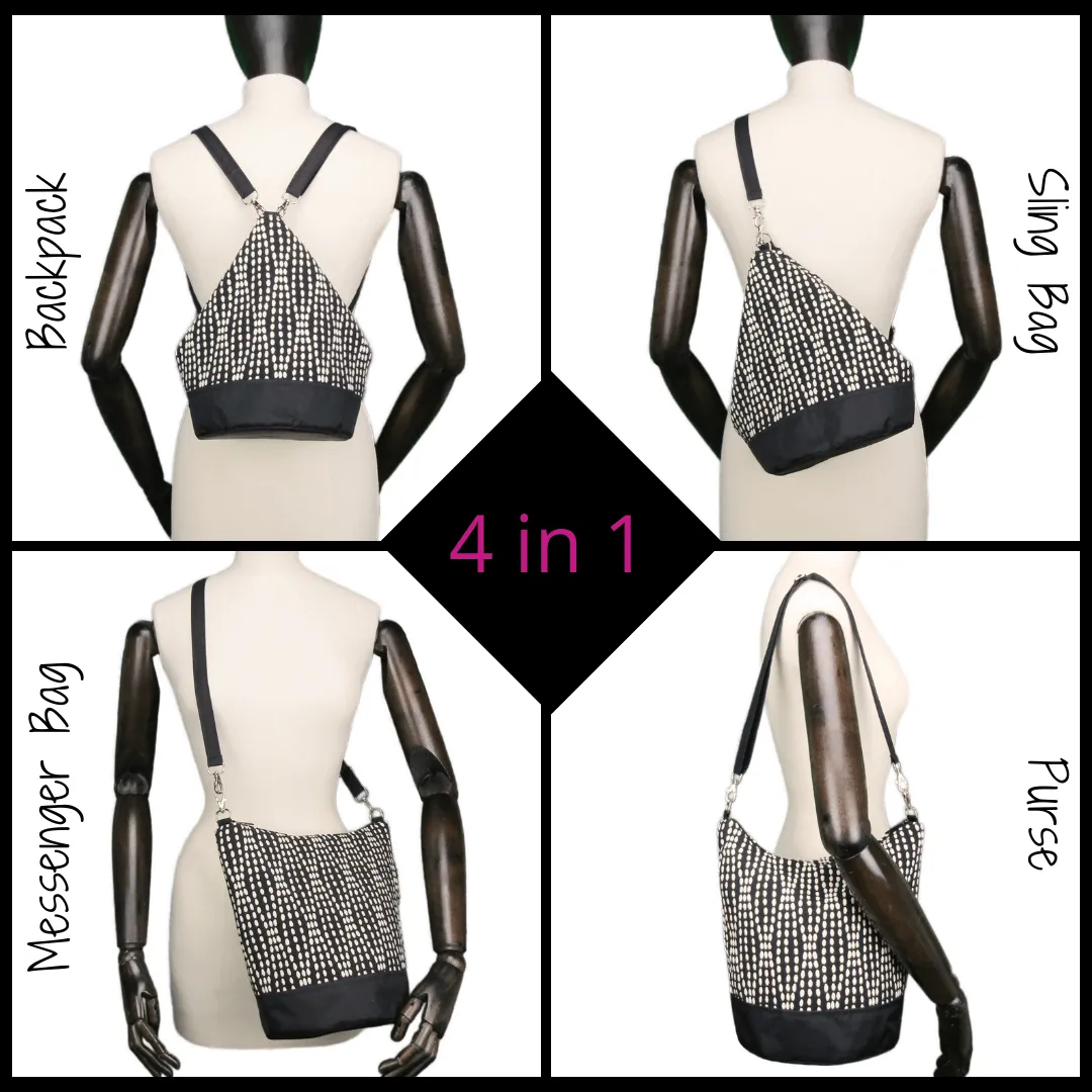 Wavy Dots in Black | Black Nylon | Convertible Backpack Purse
