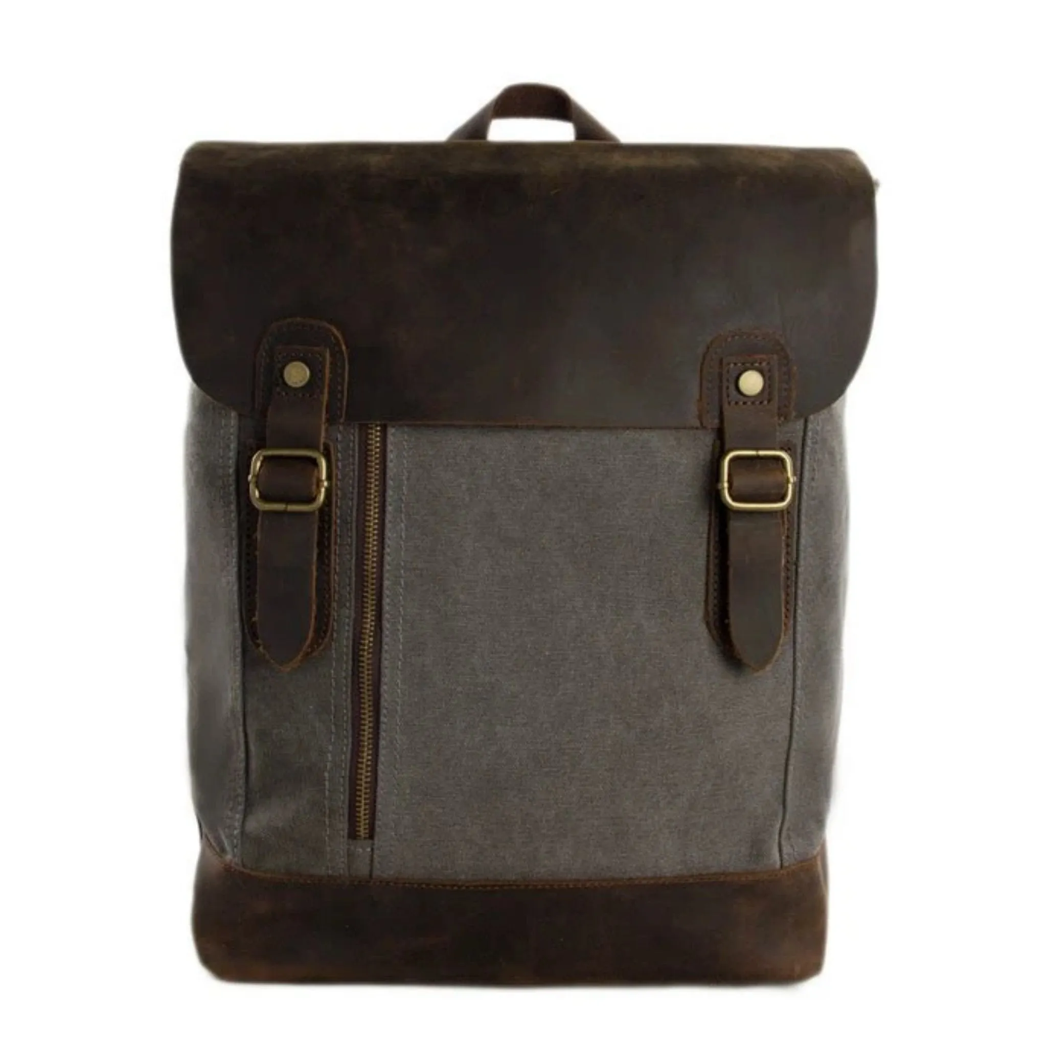 Waxed Canvas and Leather Casual Backpack - Dark Grey