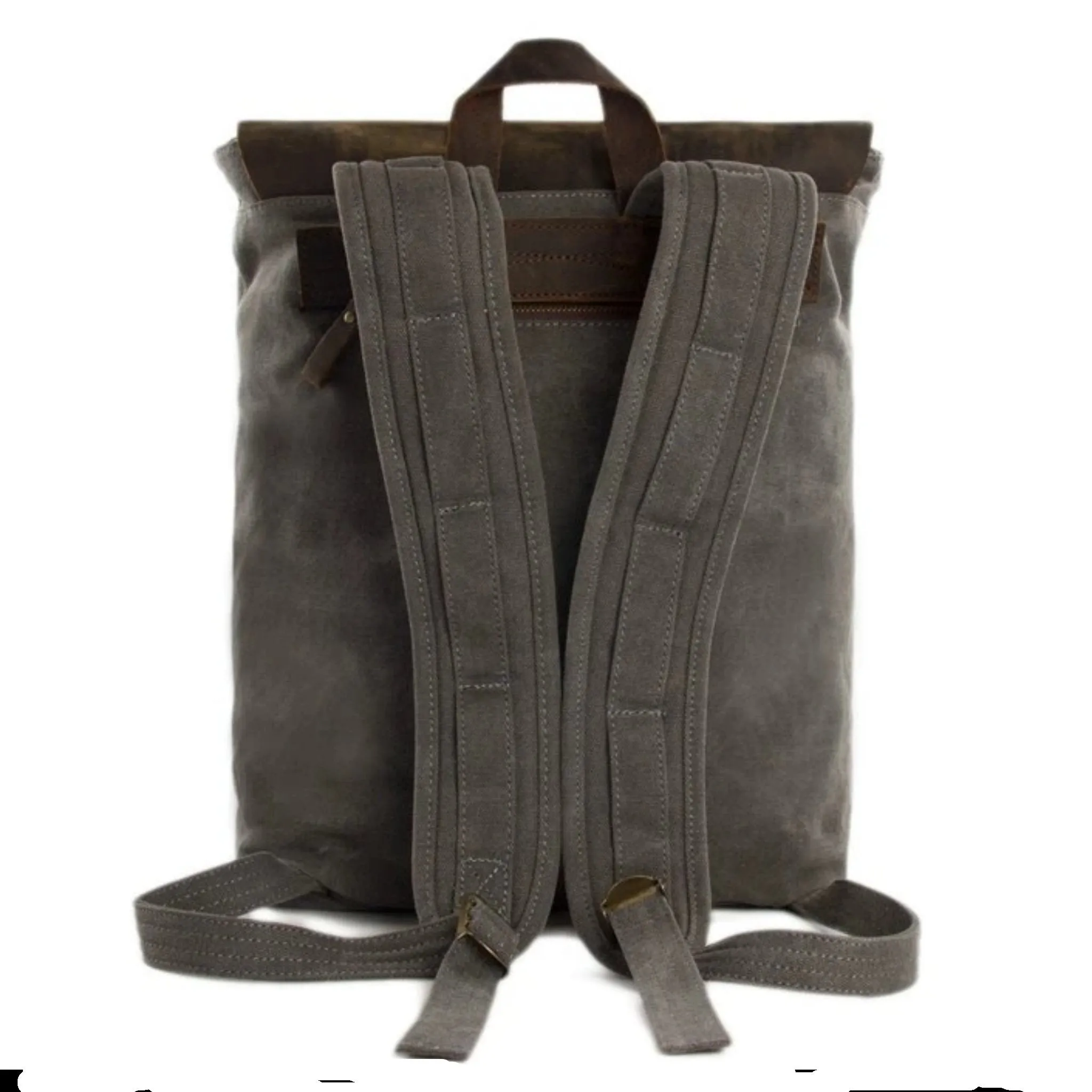 Waxed Canvas and Leather Casual Backpack - Dark Grey