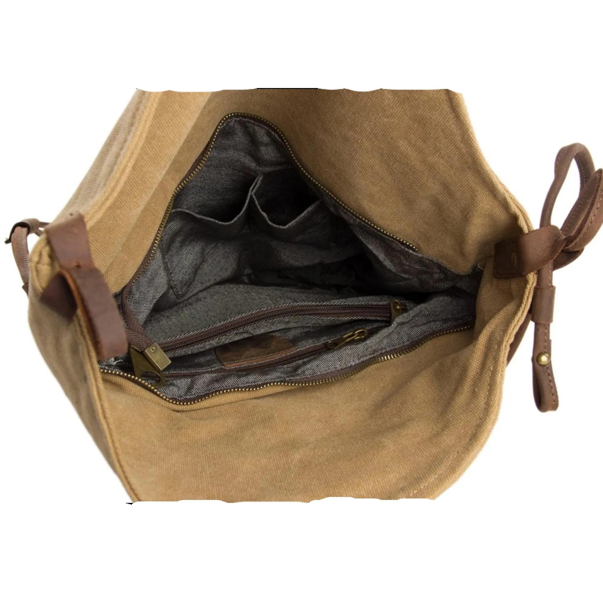 Waxed Canvas with Leather Strap Sling Bag - Khaki