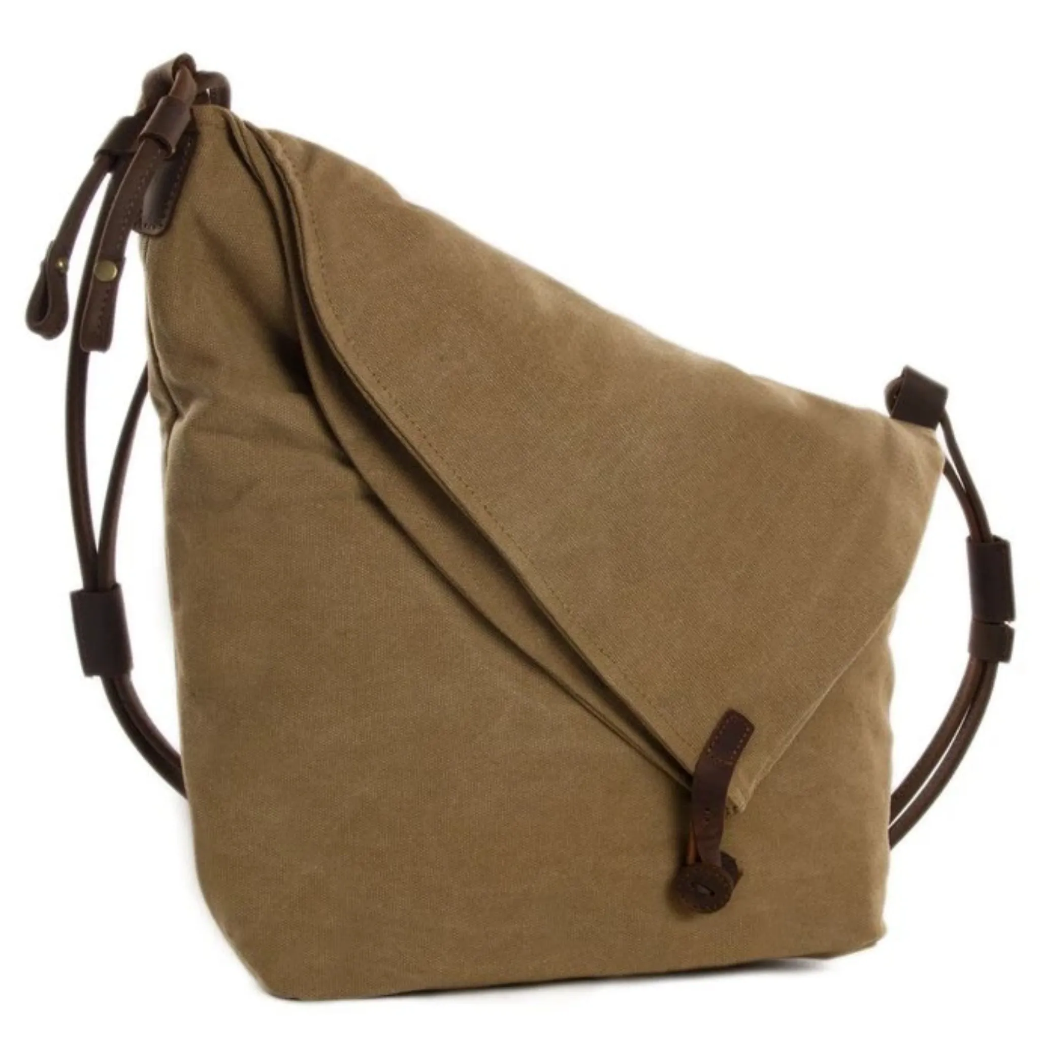 Waxed Canvas with Leather Strap Sling Bag - Khaki