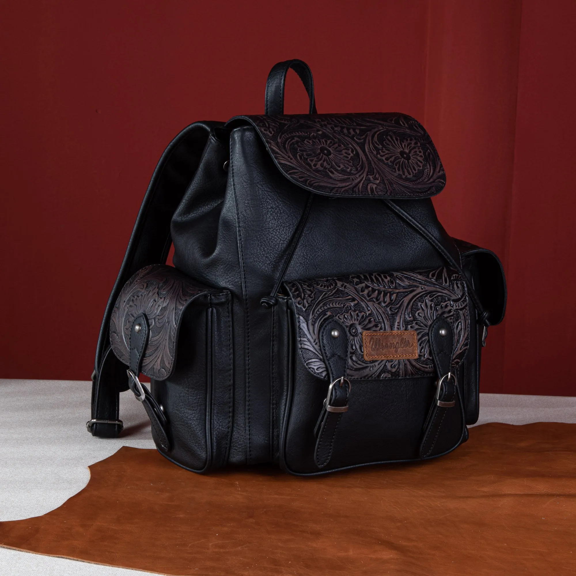 WG12-9110B  Wrangler Vintage Floral Tooled Backpack - Black