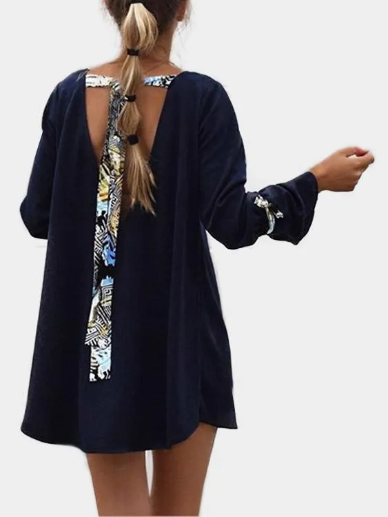 Wholesale Blue Round Neck Long Sleeve Plain Lace-Up Mini Dresses