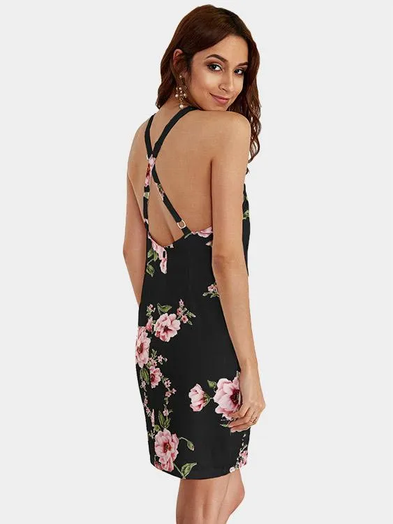 Wholesale Halter Floral Print Lace Backless Mini Dresses