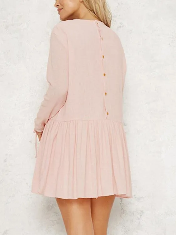 Wholesale Pink Round Neck Long Sleeve Lace-Up Ruffle Hem Mini Dress
