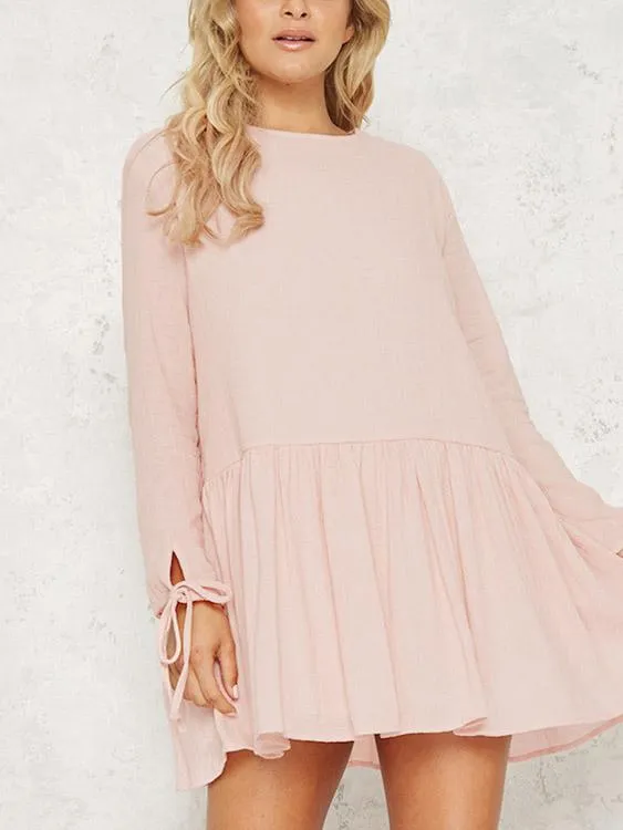 Wholesale Pink Round Neck Long Sleeve Lace-Up Ruffle Hem Mini Dress