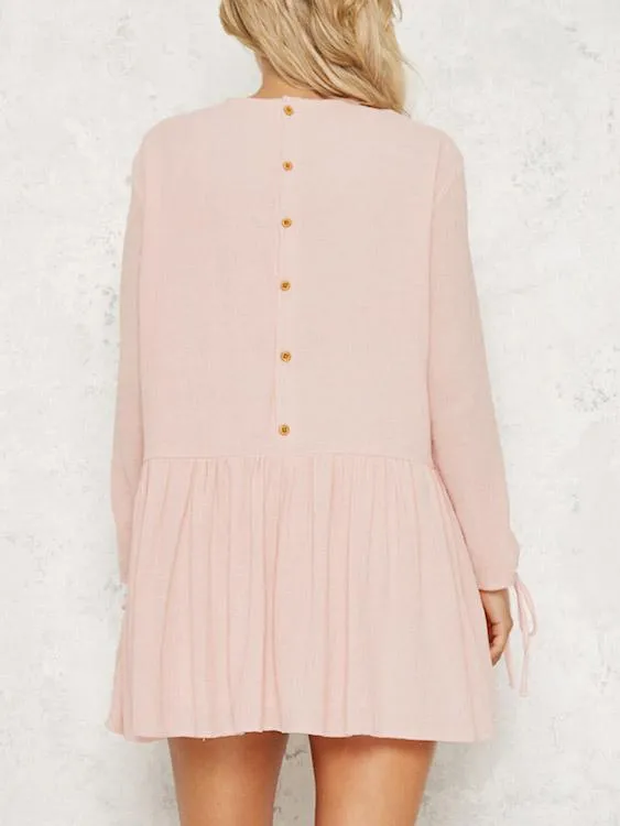 Wholesale Pink Round Neck Long Sleeve Lace-Up Ruffle Hem Mini Dress