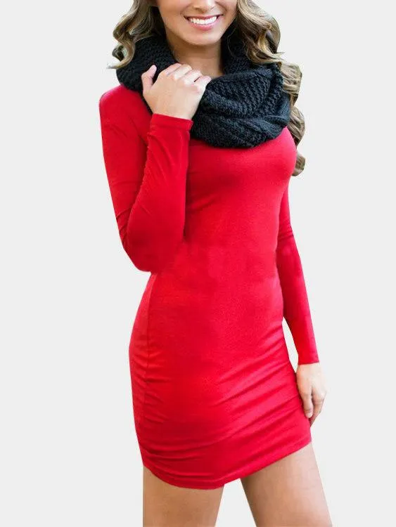 Wholesale Red Round Neck Long Sleeve Plain Mini Dress