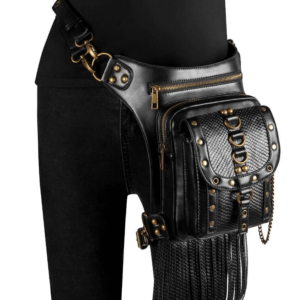 Women's Diagonal Waist Bag With Leather Straps / Punk Zipper Pockets Shoulder Bags